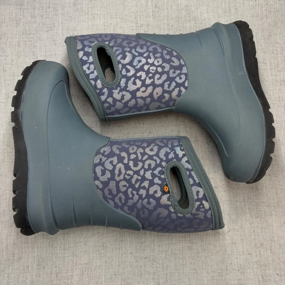 Bogs Neo Classic Gray Silver Metallic Leopard Waterproof Insulated Rain Boots